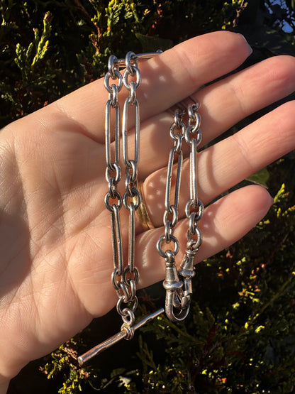 Antique Sterling Silver Trombone Albert chain with double dog clips and fixed T-bar