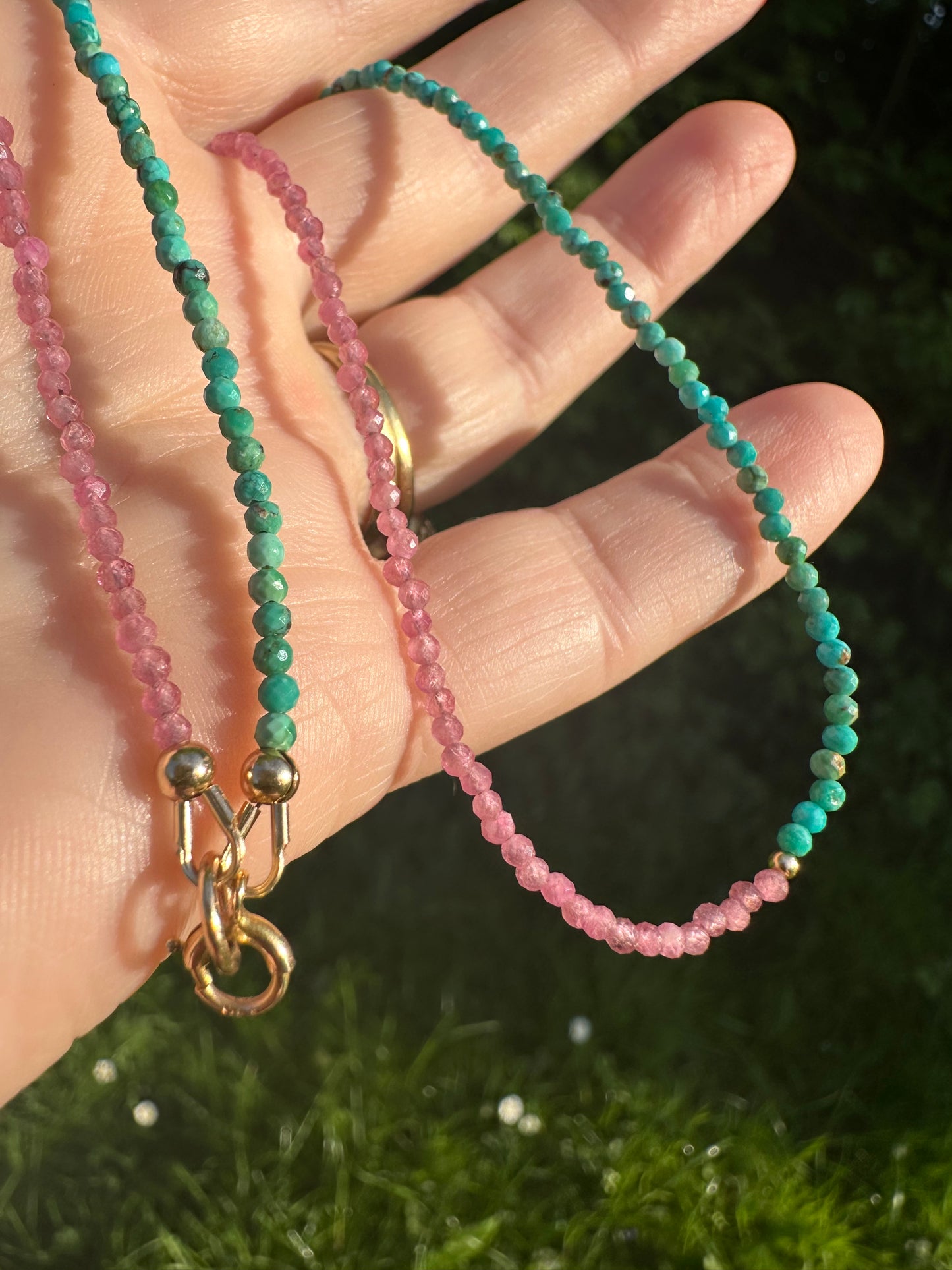 Blush & Tide- Pink Tourmaline and turquoise mini beaded necklace with 9ct gold antique bolt clasp