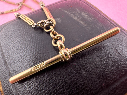 Antique 9ct bi-colour bar and lovers knot Albert chain with floating t-bar, dog clip and bolt clasp