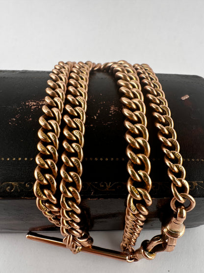 Antique 9ct Rose Gold Graduated Curb Albert chain with double faceted dog clips and fixed T-bar