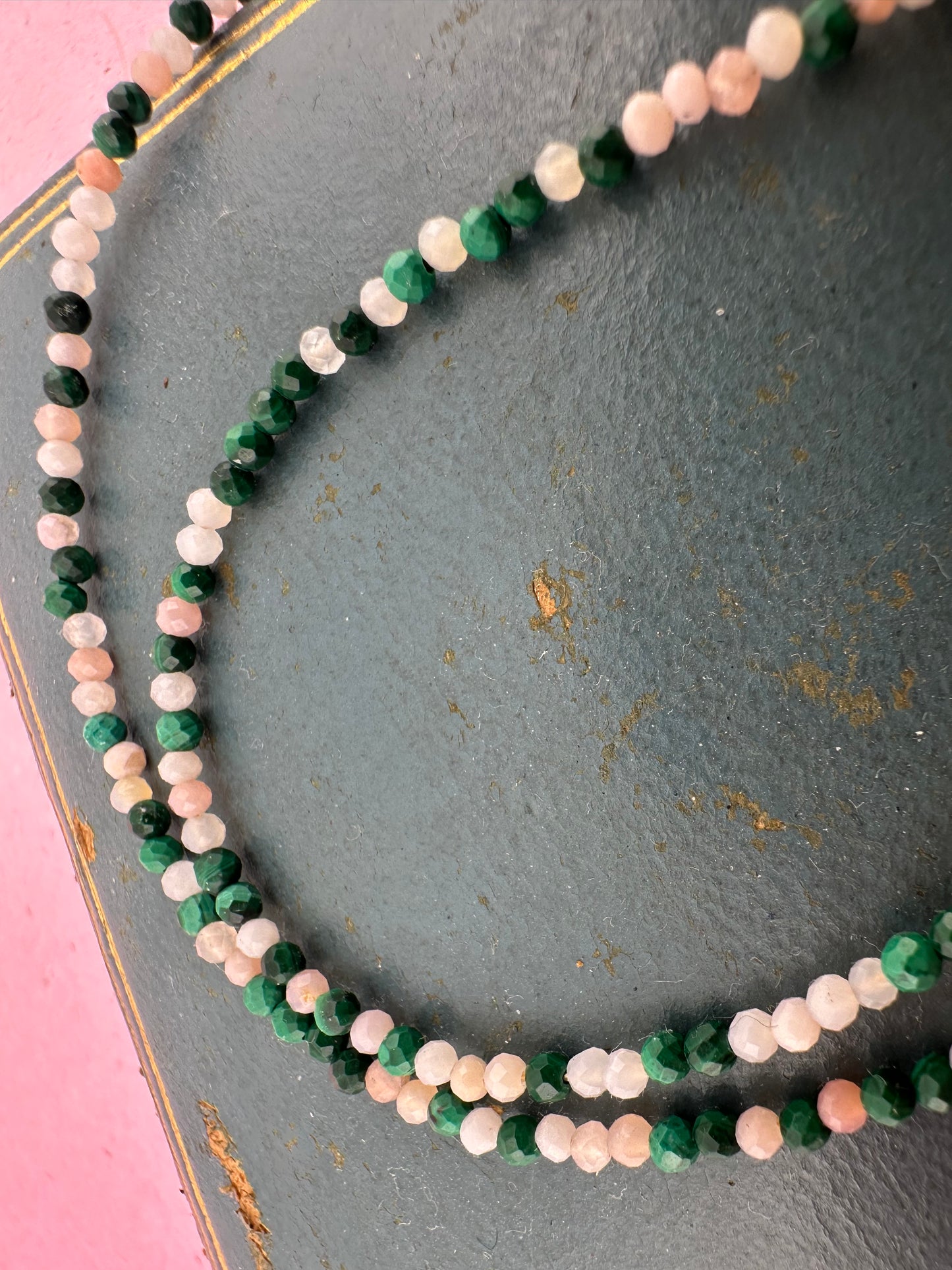 Peony- Pink Opal and Malachite mini bead necklace with vintage heart padlock