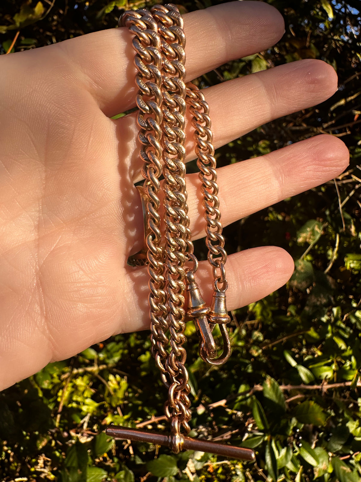 Antique 9ct Rose Gold Graduated Curb Albert chain with double faceted dog clips and fixed T-bar