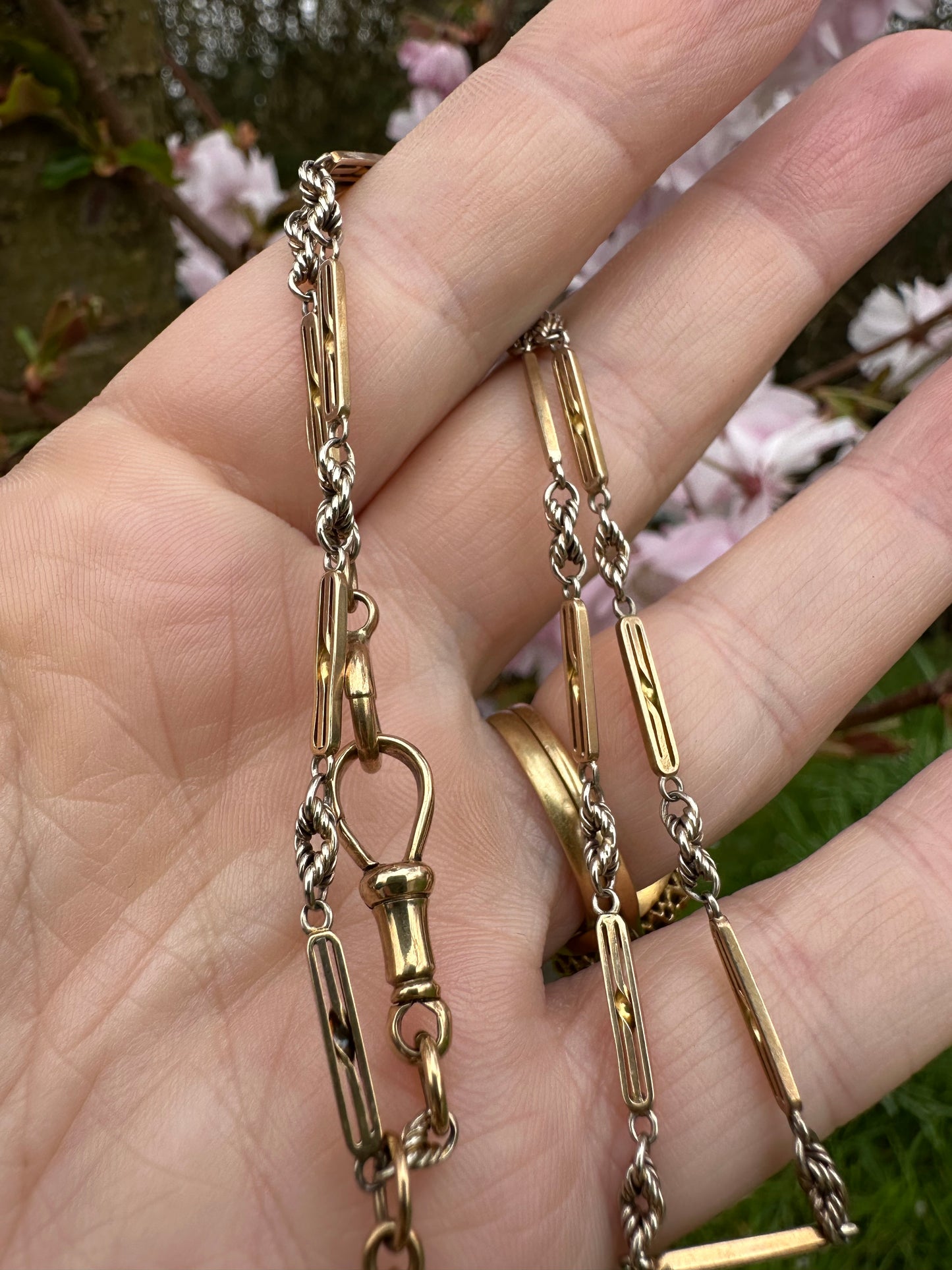Antique 9ct bi-colour bar and lovers knot Albert chain with floating t-bar, dog clip and bolt clasp