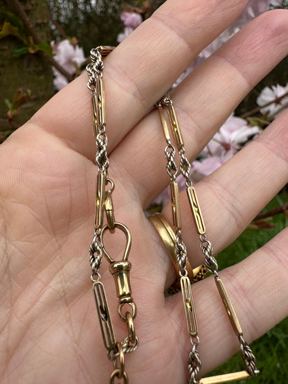 Antique 9ct bi-colour bar and lovers knot Albert chain with floating t-bar, dog clip and bolt clasp