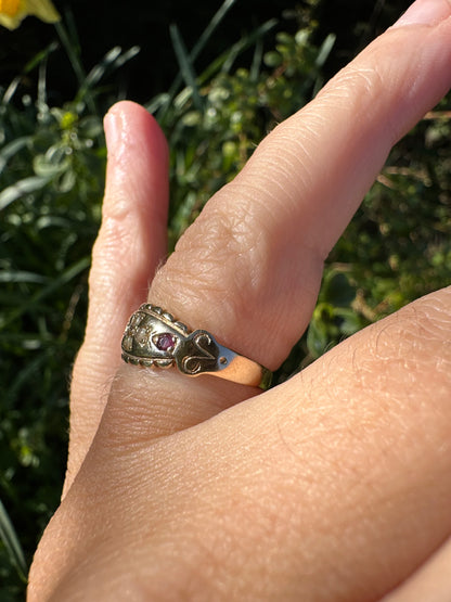 Victorian 9ct Gold Seed Pearl and Ruby Boat ring