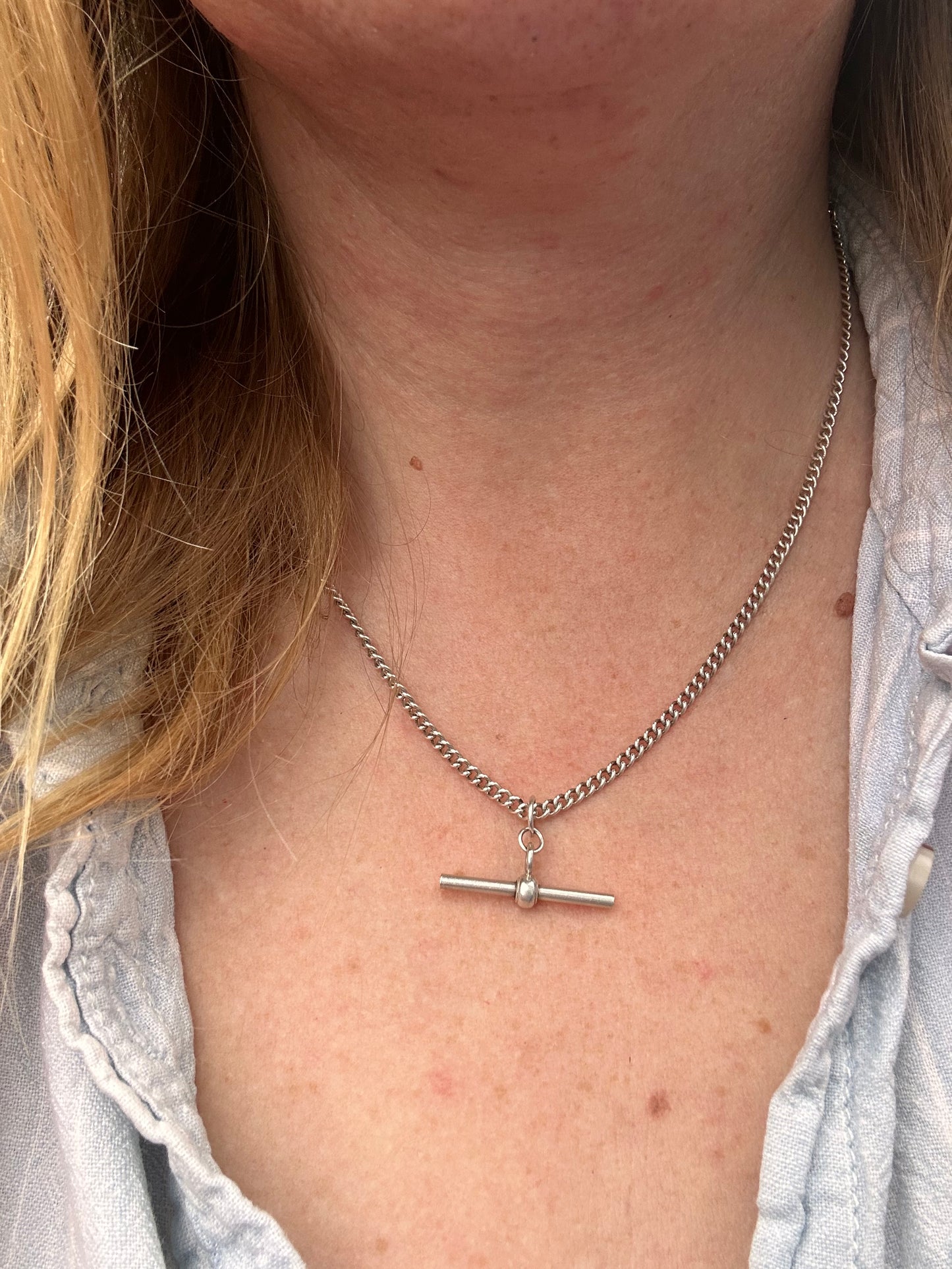 Vintage Sterling Silver Curb Albert chain with floating t-bar
