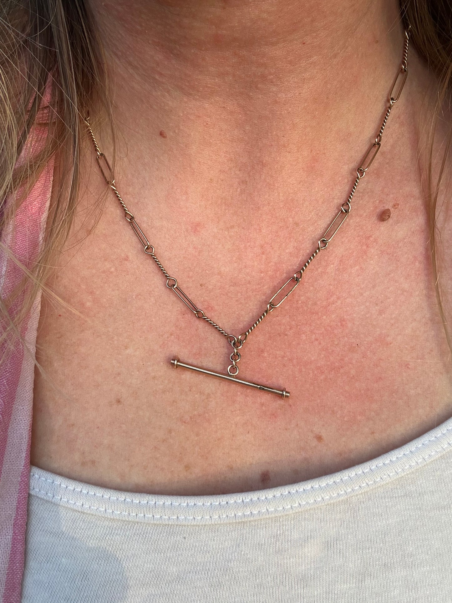 Antique 9ct Rose Gold Trombone and twist Albert chain with bolt clasp and T-bar