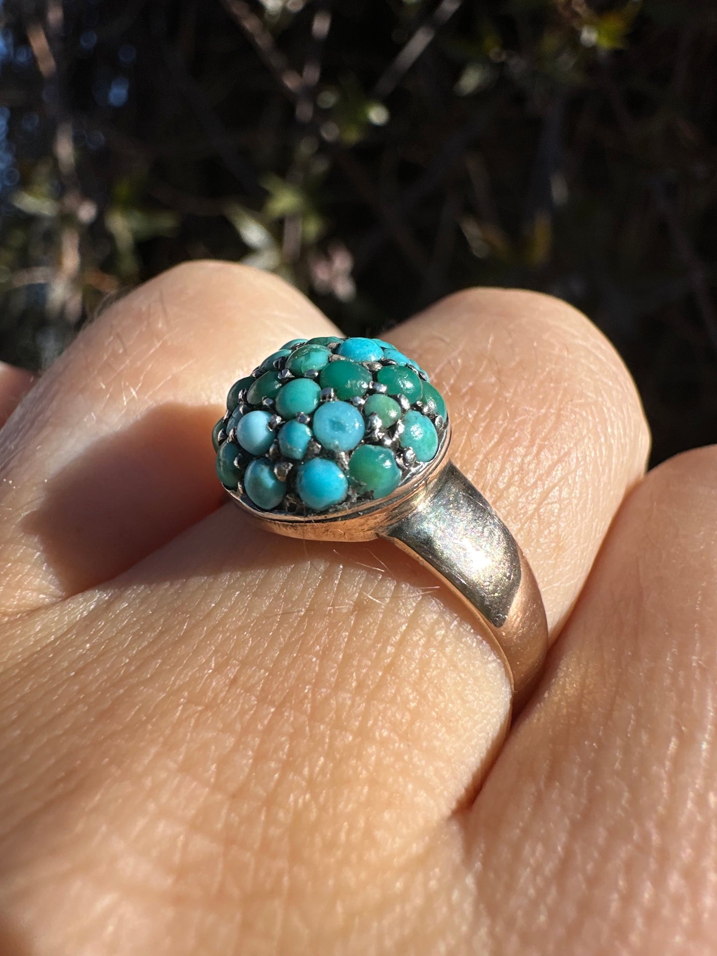 Antique 9ct Gold with silver setting Turquoise Bombe ring