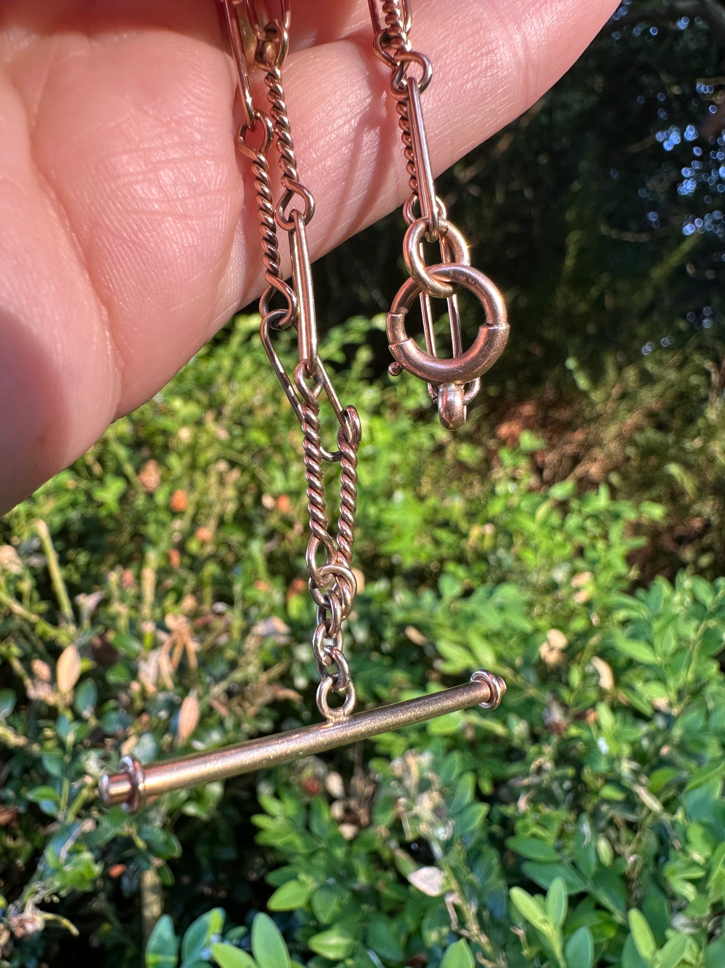 Antique 9ct Rose Gold Trombone and twist Albert chain with bolt clasp and T-bar