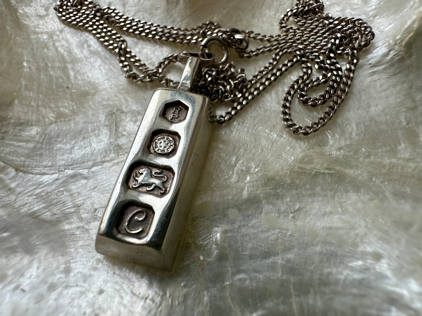 Sterling Silver ingot pendant with sterling silver curb chain