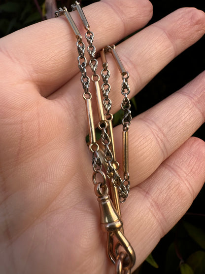 Antique 18ct Bi-Colour Bar & Lovers Knot Albert chain with 18ct dog clip & 9ct T-Bar.