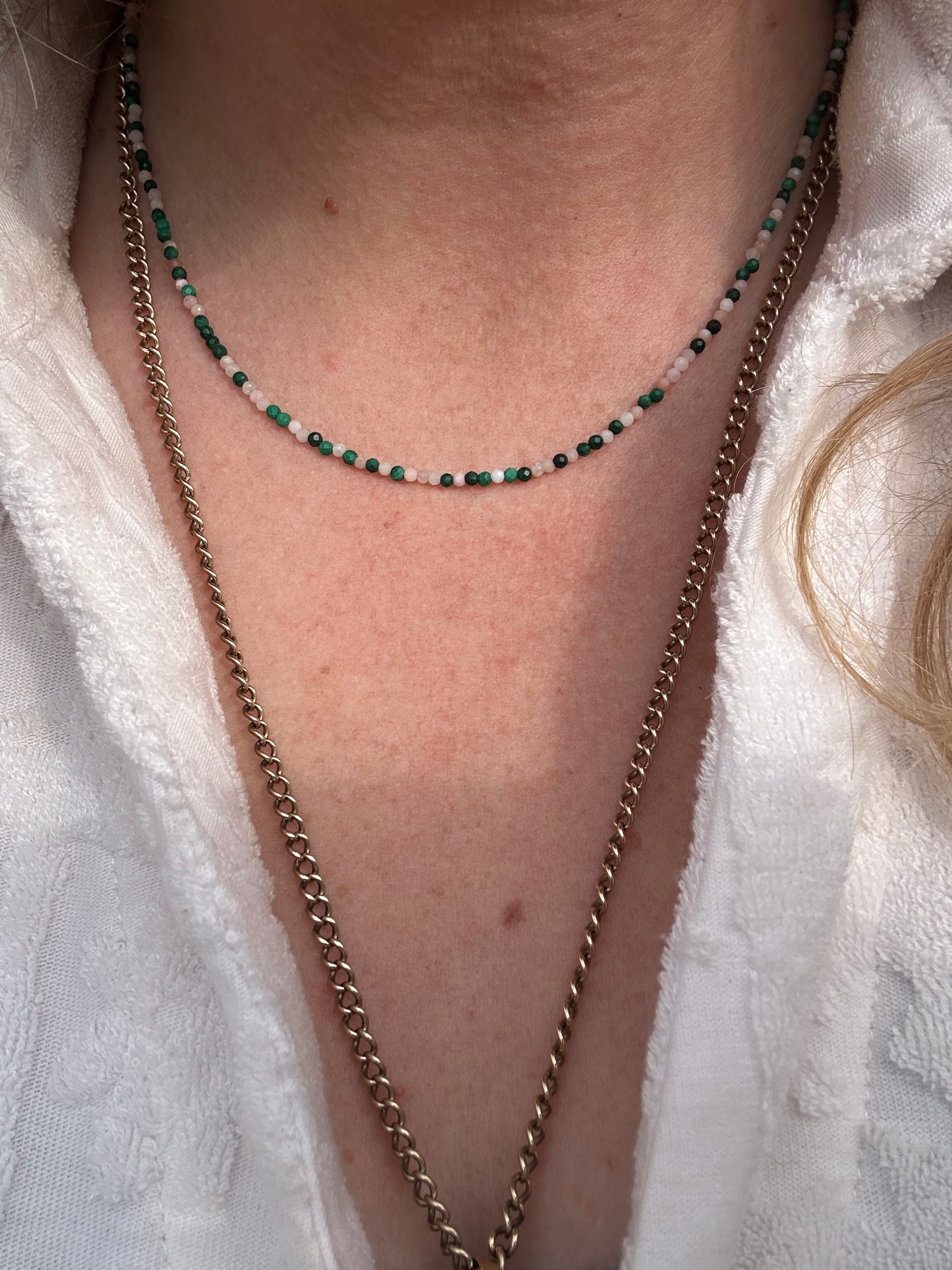 Peony- Pink Opal and Malachite mini bead necklace with vintage heart padlock