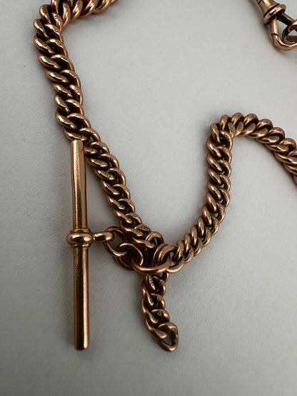Antique 9ct Rose Gold Graduated Curb Albert chain with double faceted dog clips and fixed T-bar