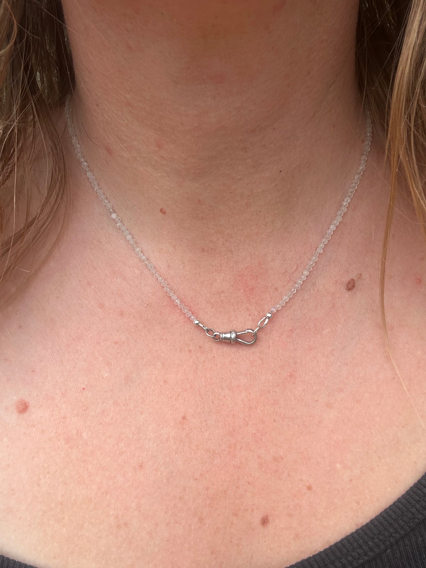 Moonstone Mini Beads with Antique Silver Dog Clip