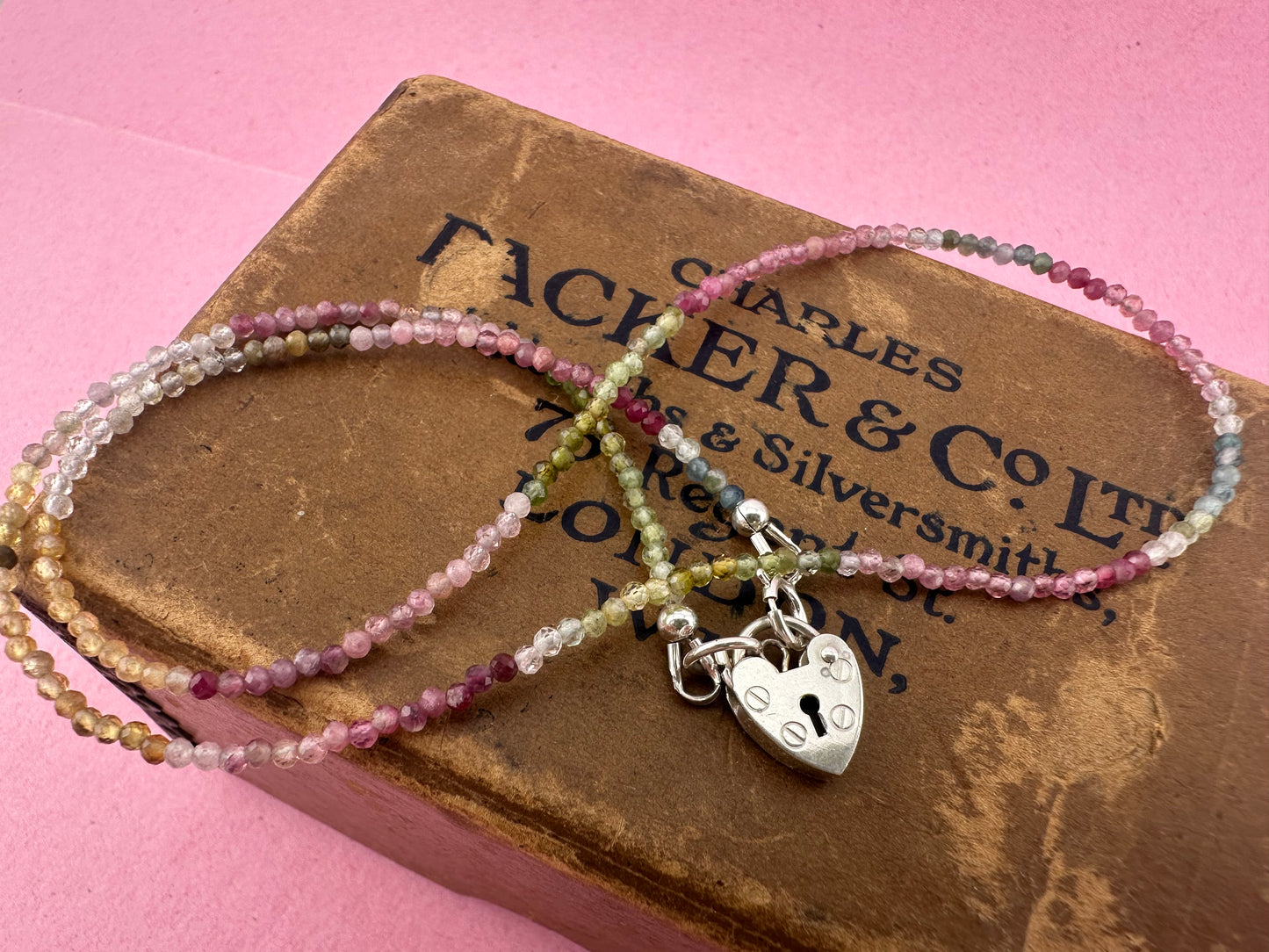 Ombré Tourmaline Mini Beaded necklace with Vintage Sterling Silver Heart Padlock