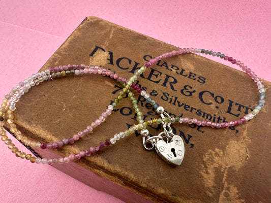 Ombré Tourmaline Mini Beaded necklace with Vintage Sterling Silver Heart Padlock