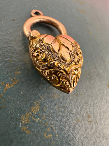 Antique 9ct Gold Puffy Etched Heart padlock