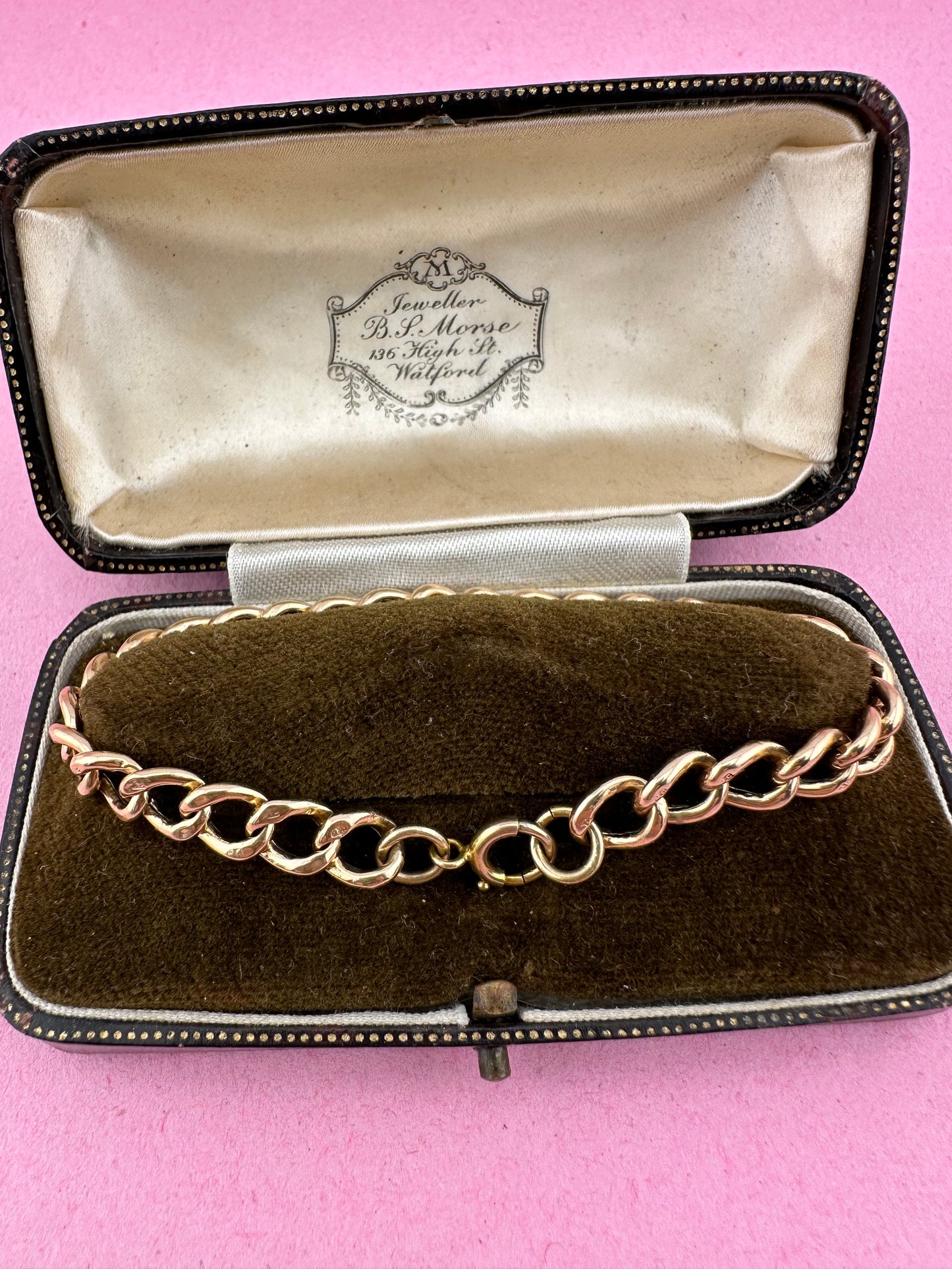 Antique 9ct Peachy Rose gold Curb bracelet with bolt clasp