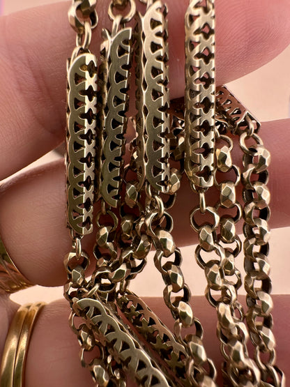 Antique 9ct Gold Fancy Bar and faceted Belcher chain with screw top dogclip
