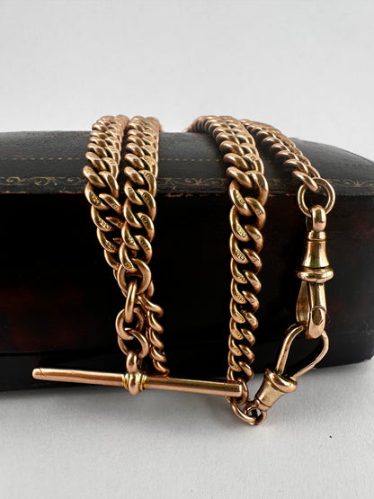 Antique 9ct Rose Gold Graduated Curb Albert chain with double faceted dog clips and fixed T-bar