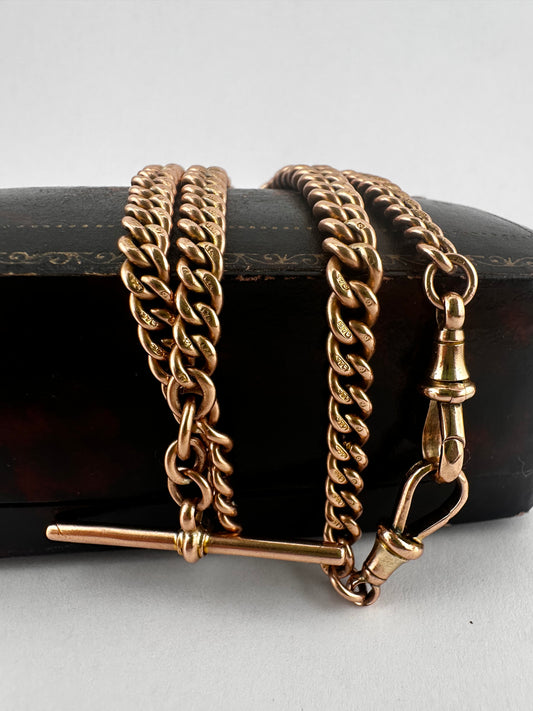 Antique 9ct Rose Gold Graduated Curb Albert chain with double faceted dog clips and fixed T-bar