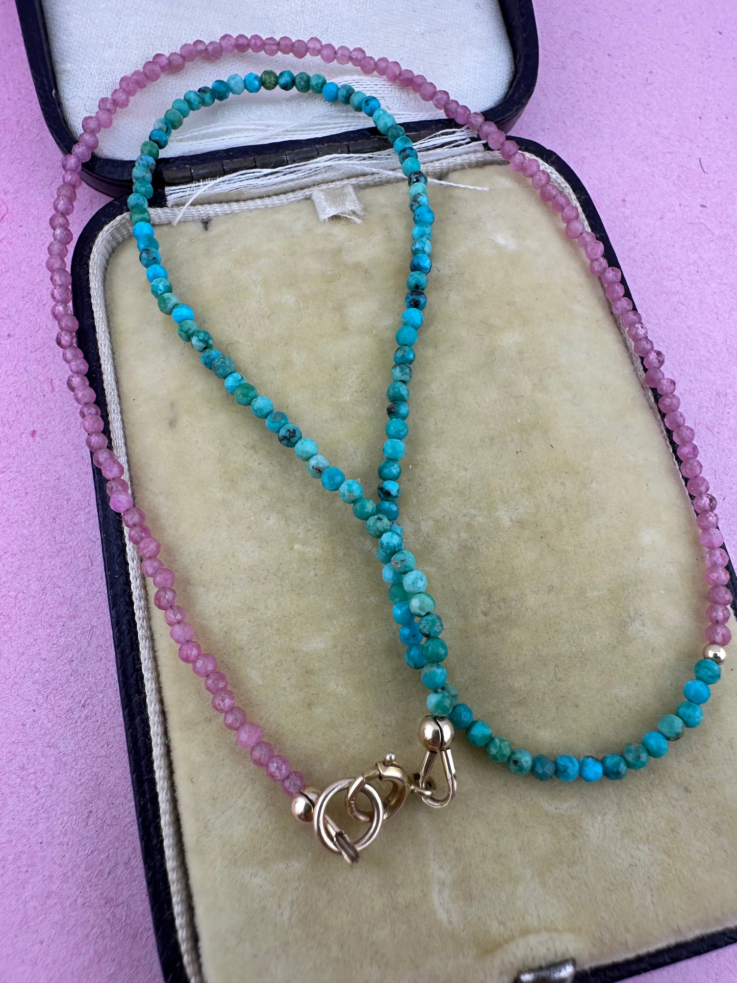 Blush & Tide- Pink Tourmaline and turquoise mini beaded necklace with 9ct gold antique bolt clasp