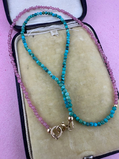 Blush & Tide- Pink Tourmaline and turquoise mini beaded necklace with 9ct gold antique bolt clasp