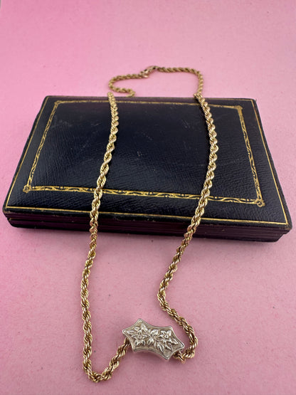 Vintage 9ct Gold Rope chain with Antique silver floral slider