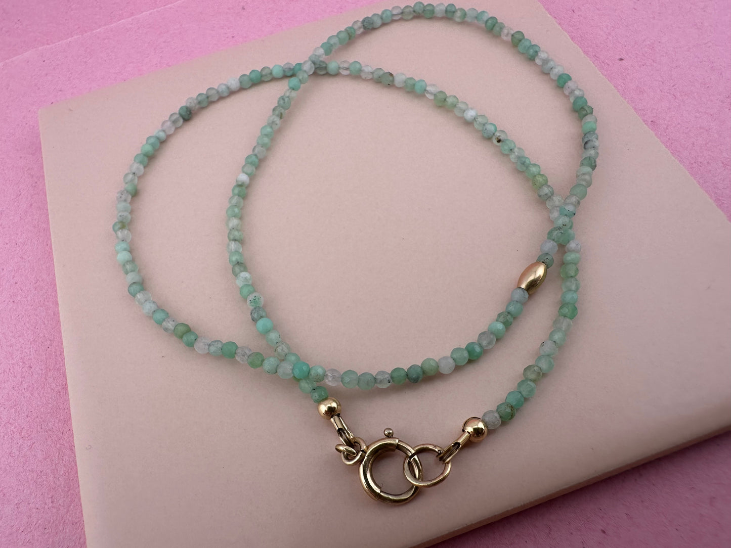 Asymmetrical Australian Chyrsoprase mini beaded necklace with 9ct Bolt clasp and oval bead