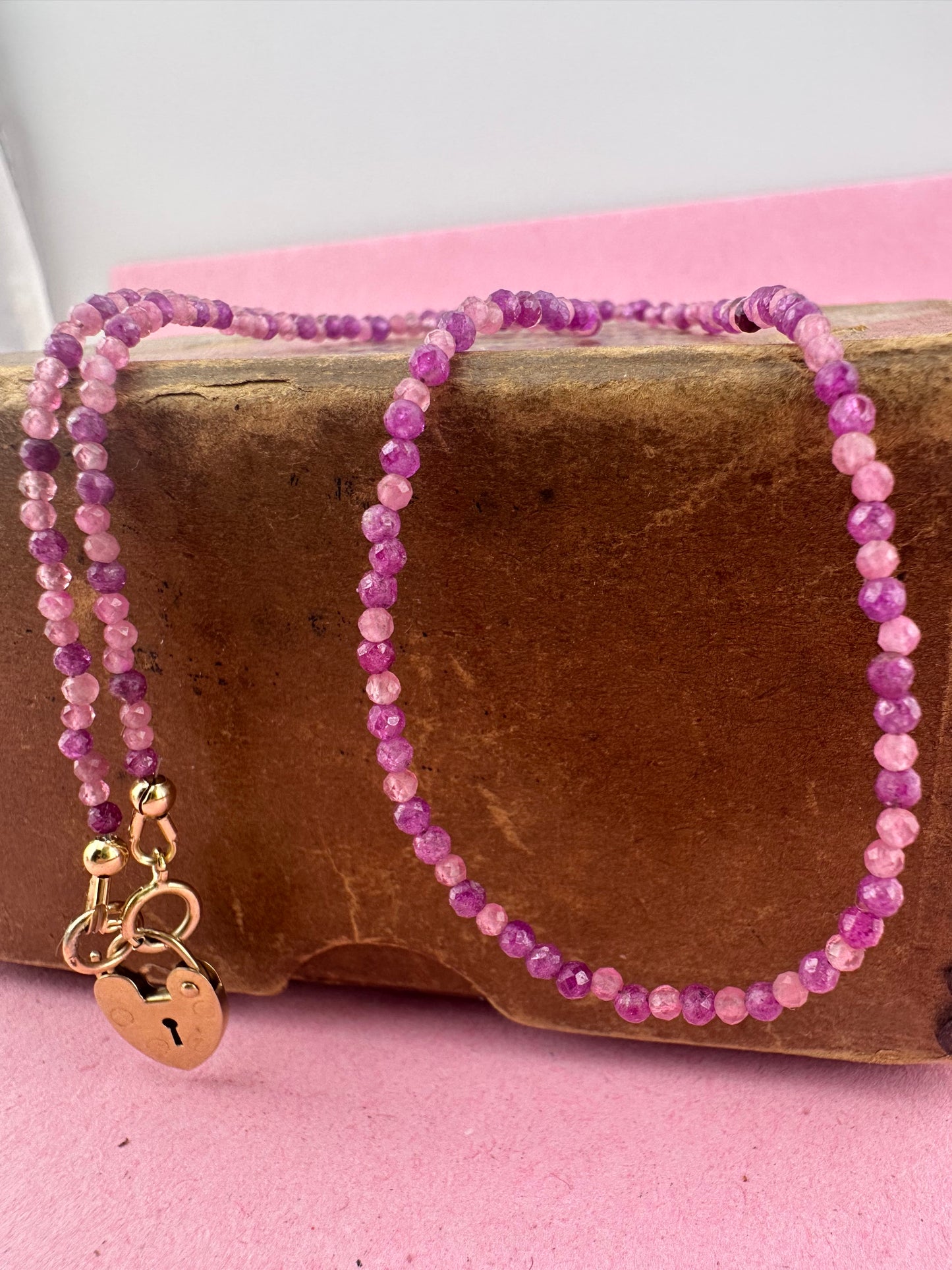 Ruby & Pink Tourmaline mix Mini beads with vintage 9ct Gold heart padlock