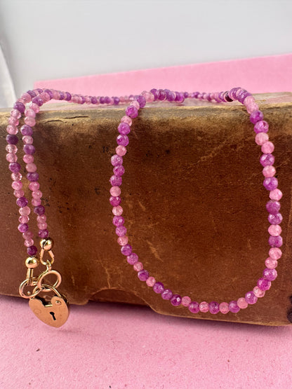 Ruby & Pink Tourmaline mix Mini beads with vintage 9ct Gold heart padlock