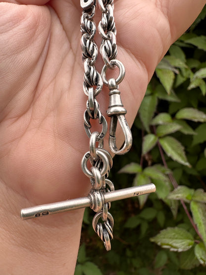 Antique Sterling Silver Bar and lovers knot Albert chain with T-bar and dog clip