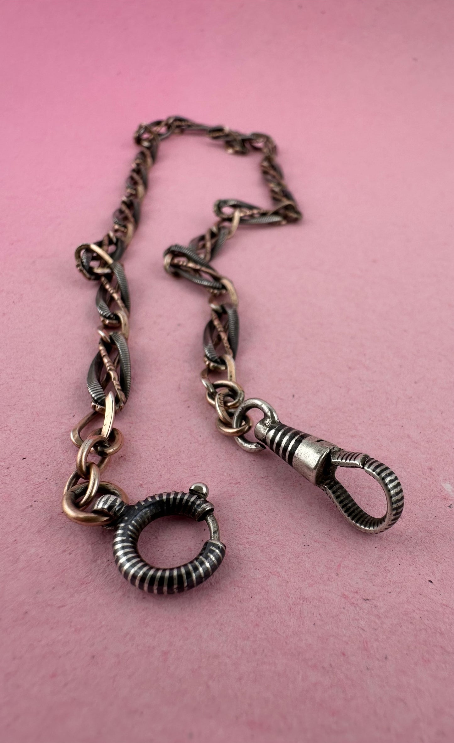Antique 800 Silver Niello and Rose gold plated Albert with dog clip and bolt clasp