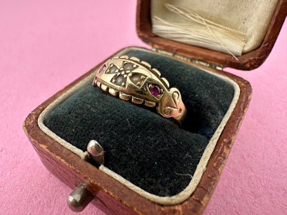 Victorian 9ct Gold Seed Pearl and Ruby Boat ring