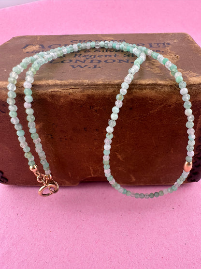 Asymmetrical Australian Chyrsoprase mini beaded necklace with 9ct Bolt clasp and oval bead