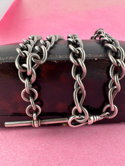 Vintage Sterling Silver Long & Short Curb Albert chain with T-bar & swivel dog clip.