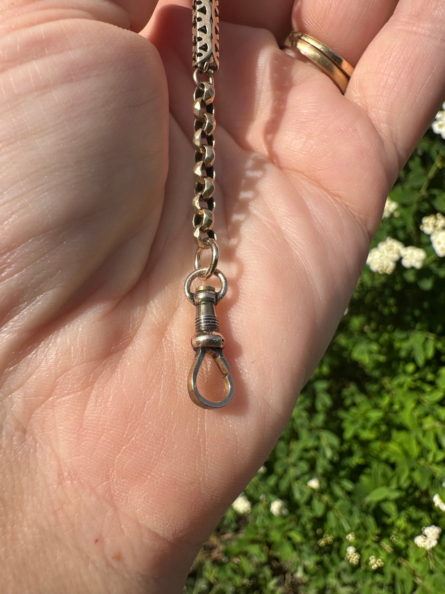 Antique 9ct Gold Fancy bar and faceted belcher extender with dog clip