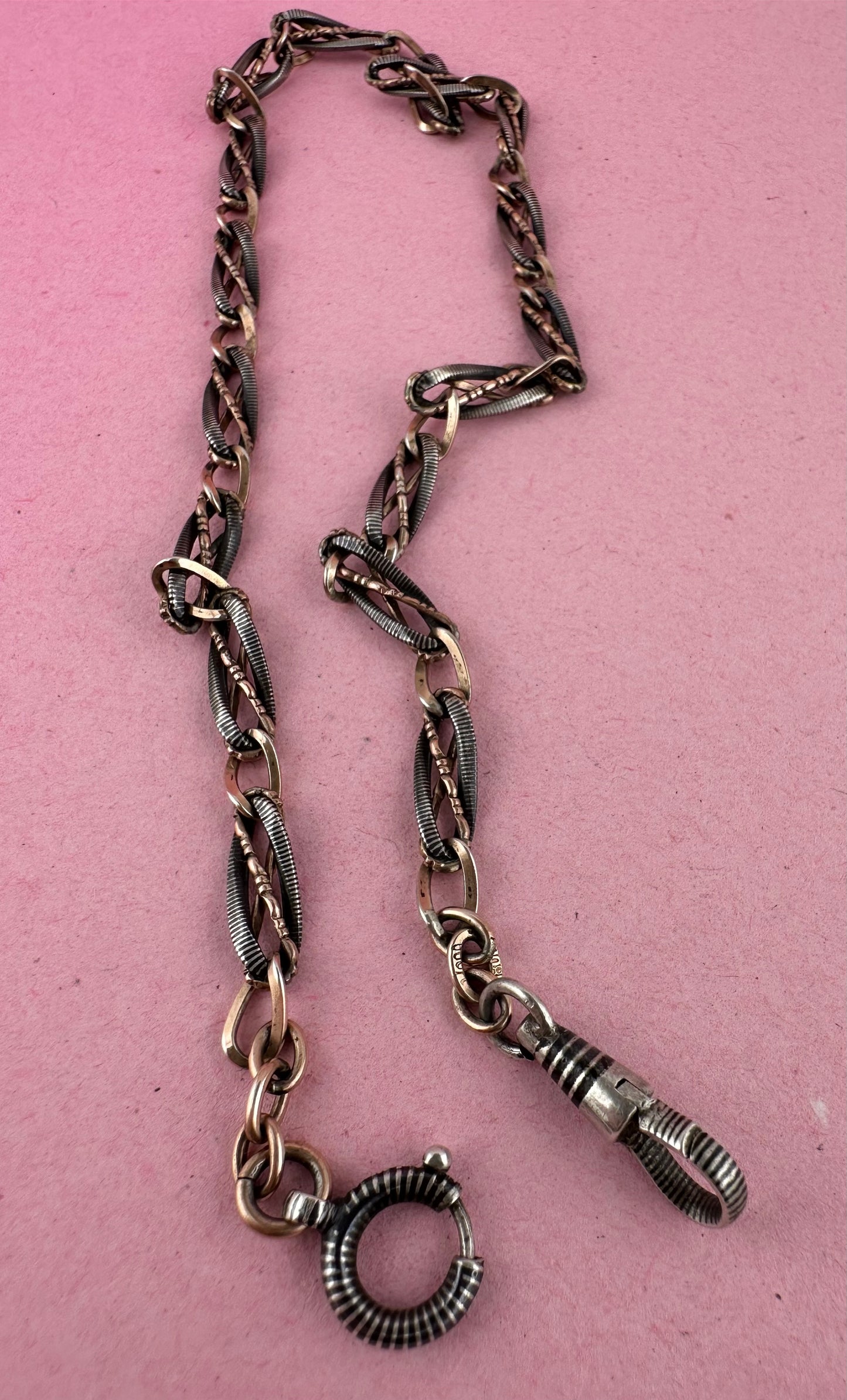 Antique 800 Silver Niello and Rose gold plated Albert with dog clip and bolt clasp
