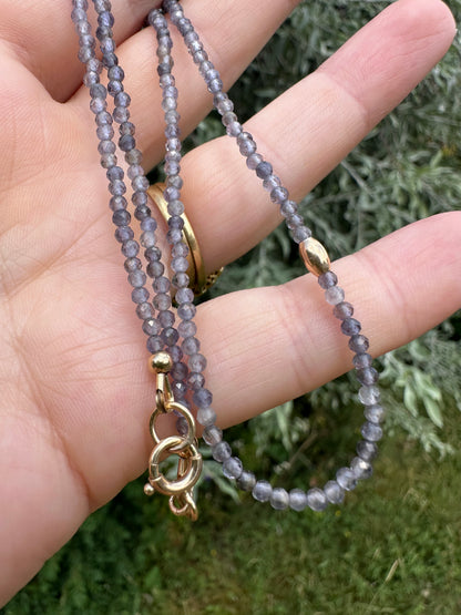 Iolite mini beaded necklace with 9ct Gold Antique Bolt clasp