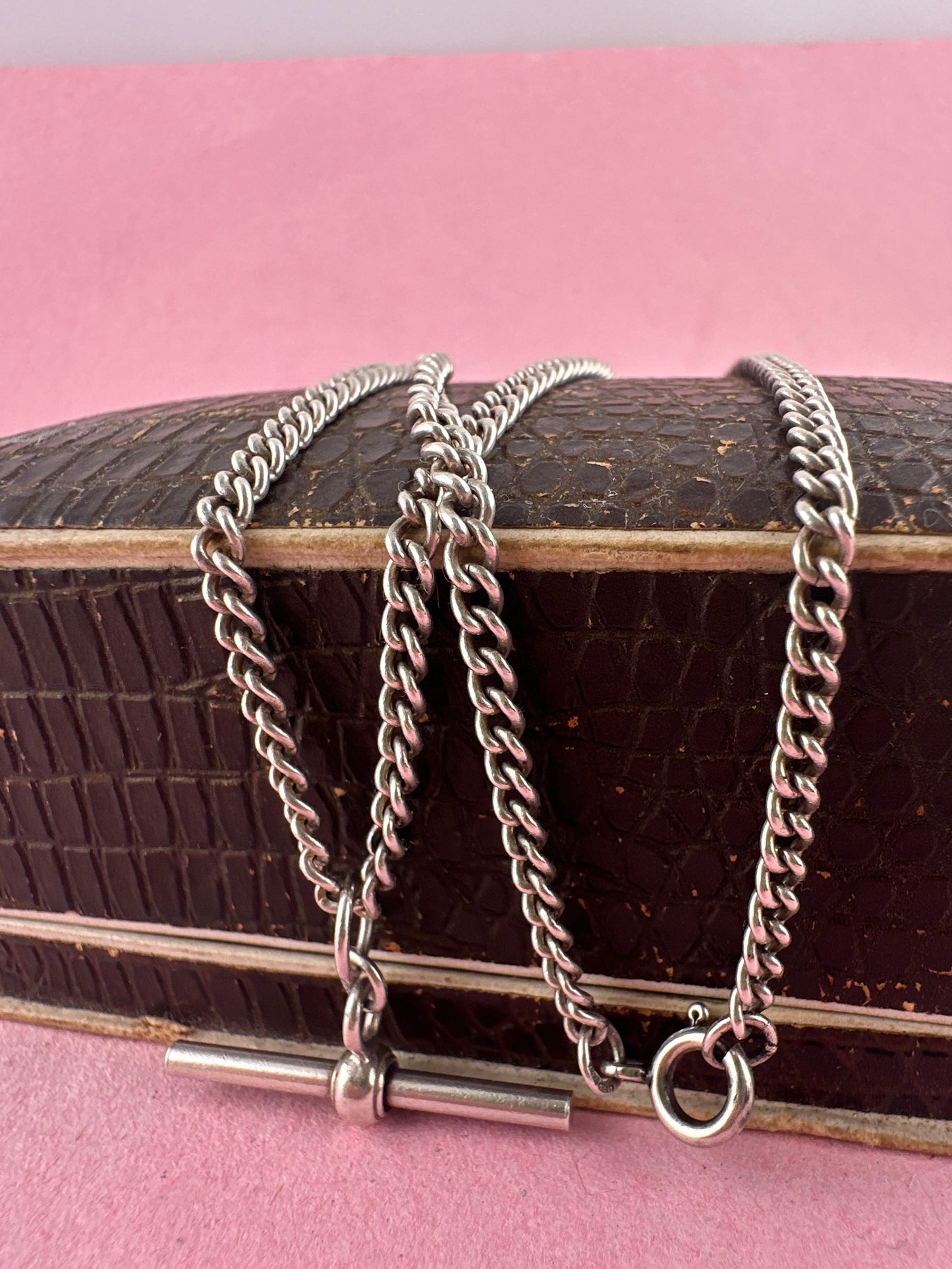 Vintage Sterling Silver Curb Albert chain with floating t-bar