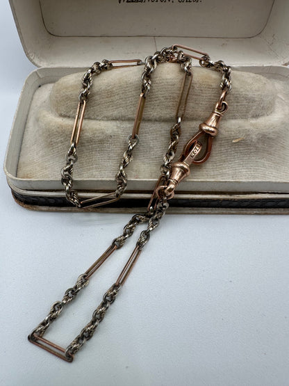 Antique 9ct Rose and White Gold Trombone and Lovers Knot chain