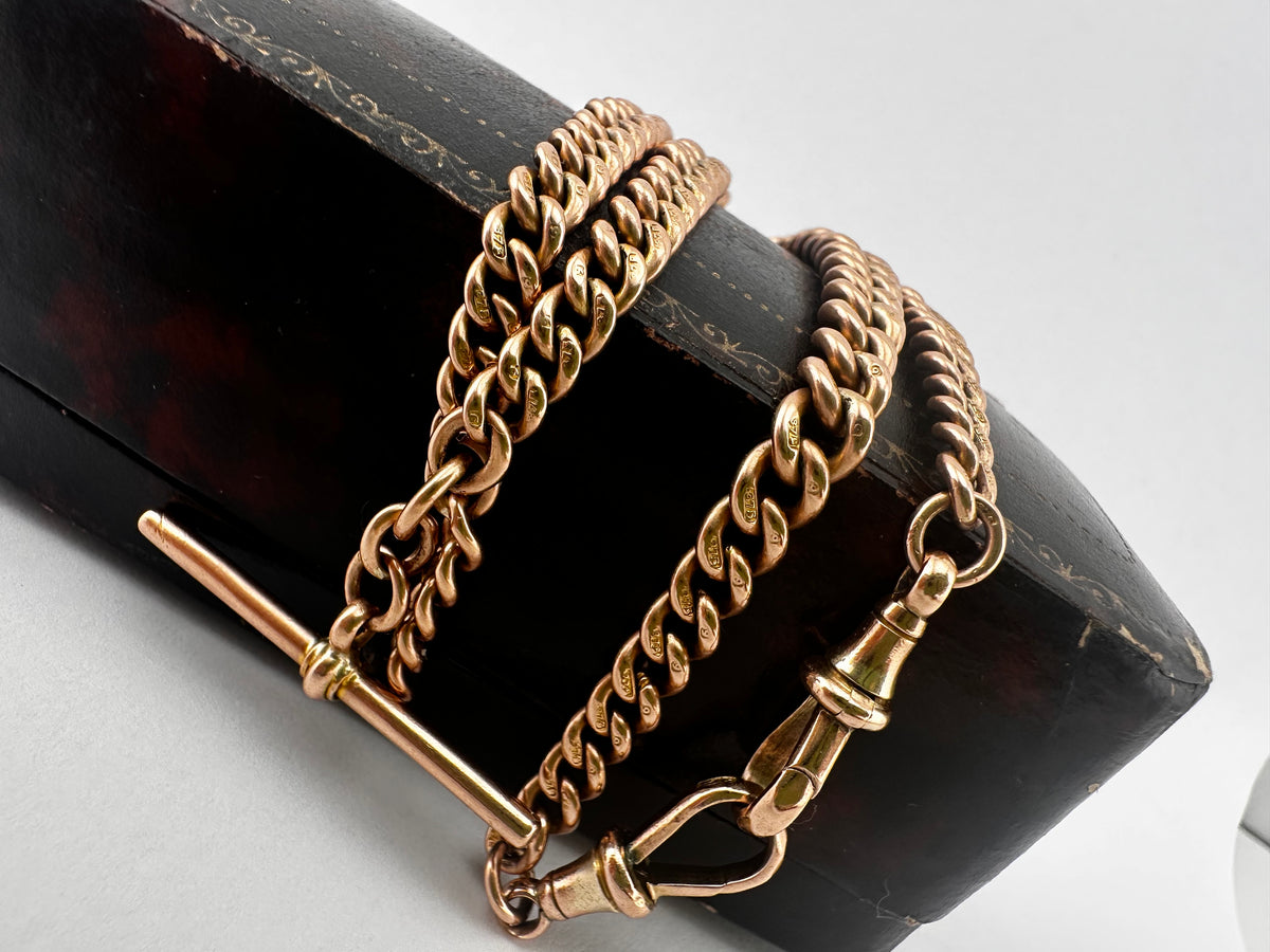 Antique 9ct Rose Gold Graduated Curb Albert chain with double faceted dog clips and fixed T-bar