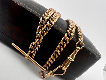 Antique 9ct Rose Gold Graduated Curb Albert chain with double faceted dog clips and fixed T-bar