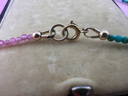 Blush & Tide- Pink Tourmaline and turquoise mini beaded necklace with 9ct gold antique bolt clasp