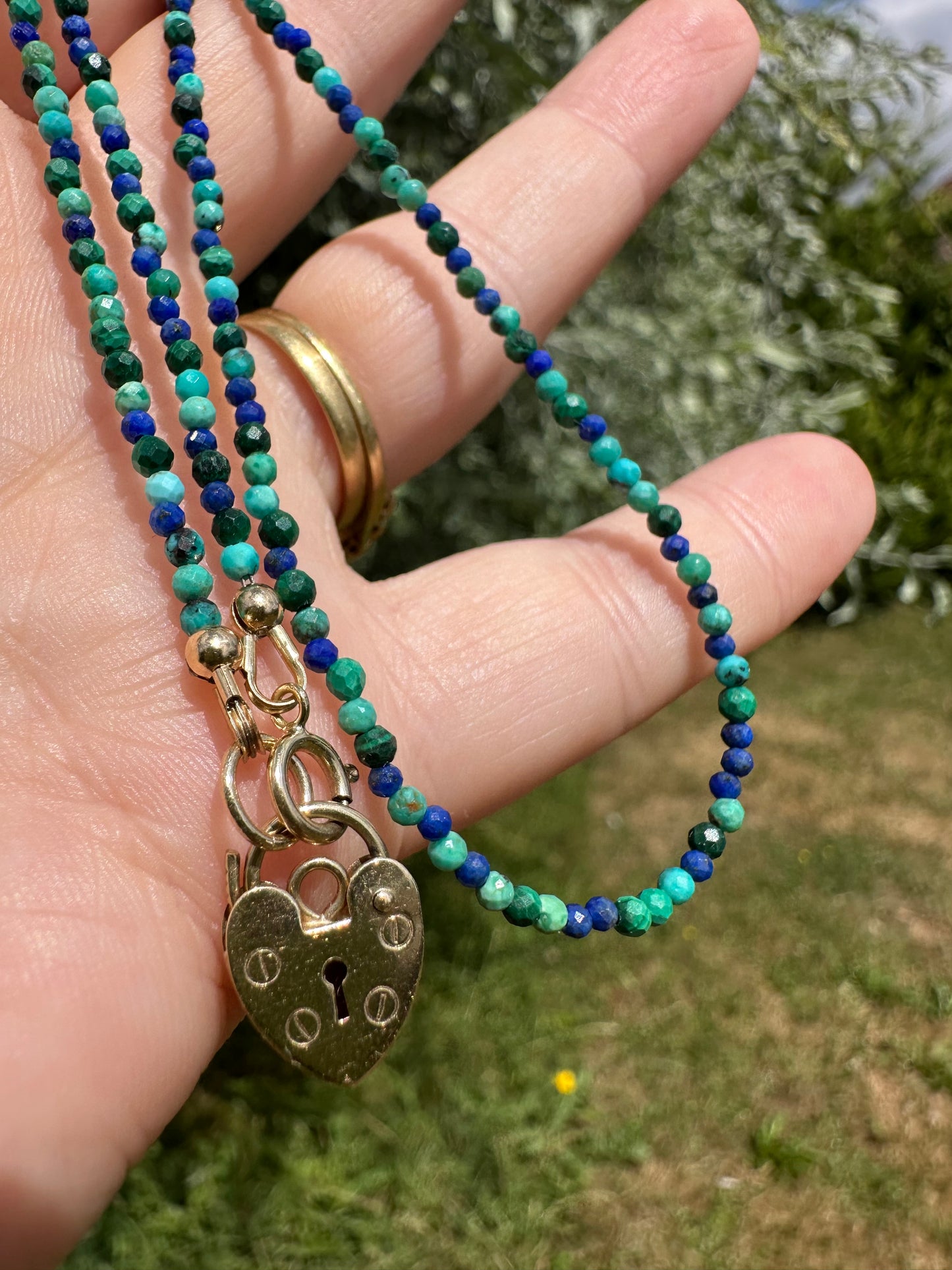 Turquoise, Malachite & Lapis Lazuli Mini beads with vintage 9ct Gold Heart padlock