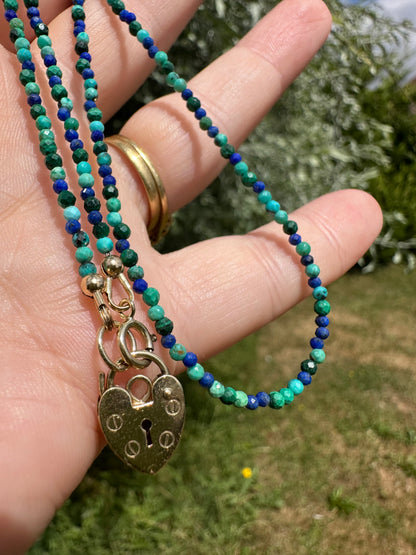 Turquoise, Malachite & Lapis Lazuli Mini beads with vintage 9ct Gold Heart padlock