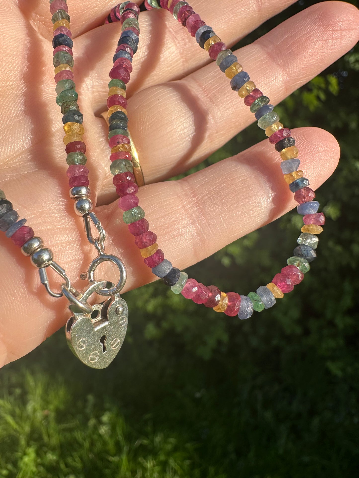Rainbow- Mixed Gemstone Mini beaded necklace with Vintage Sterling Heart Padlock