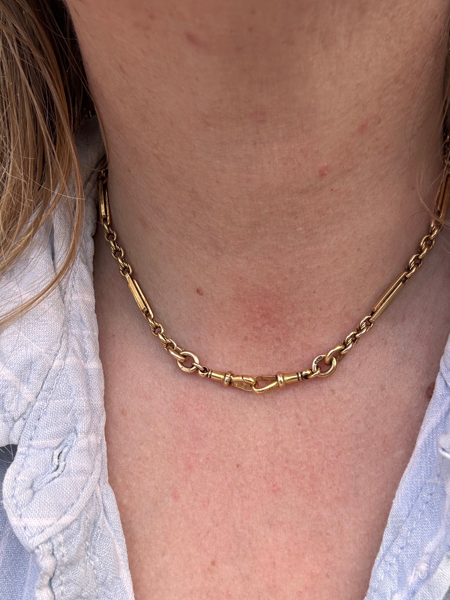 Antique 9ct Yellow Gold Trombone & Lovers Knot Albert chain with double dog clips