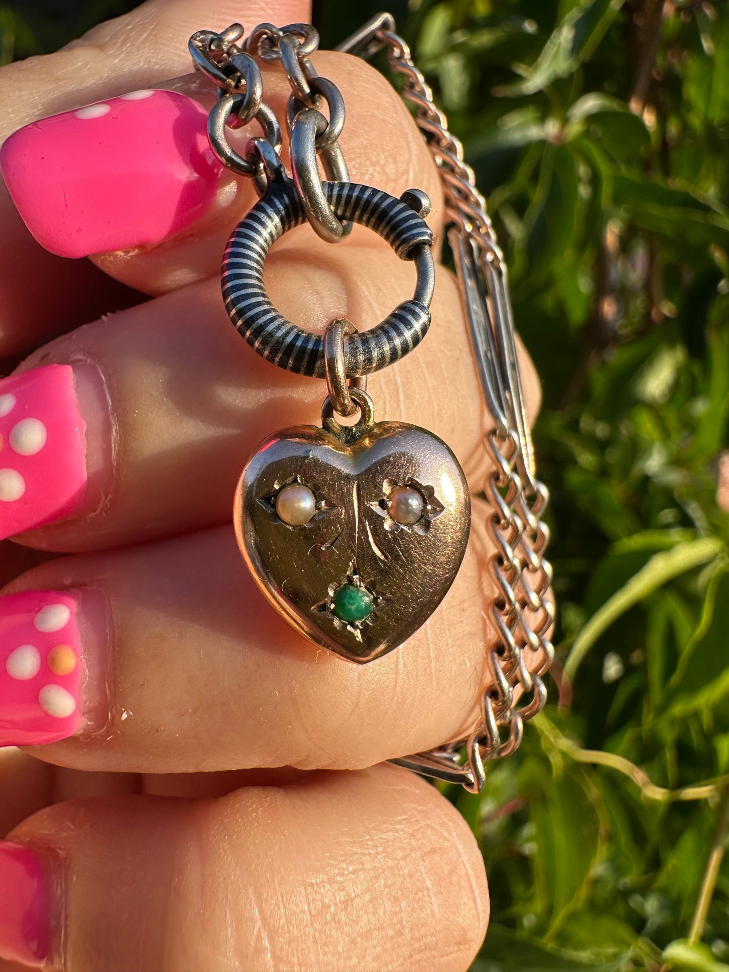 Antique 9ct rose gold heart with flush set pearls and turquoise.