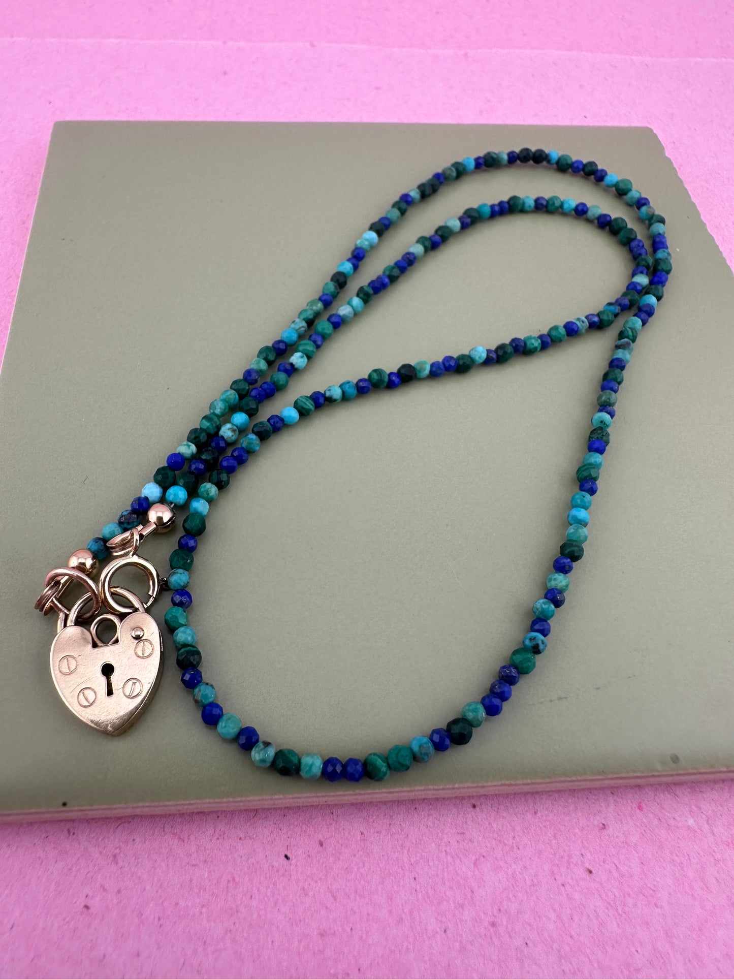 Turquoise, Malachite & Lapis Lazuli Mini beads with vintage 9ct Gold Heart padlock